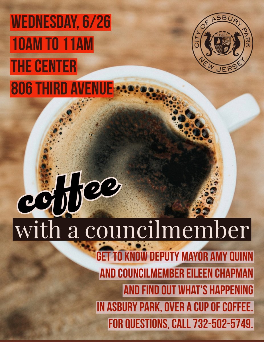 inAsburyParkNJ's tweet photo. Coffee with a Councilmember
Wednesday, 6/26 at 10am
The Center
806 Third Avenue

Get to know your elected officials, learn about City services, and find out what’s happening in Asbury Park! https://t.co/6Z4HDiyJhS