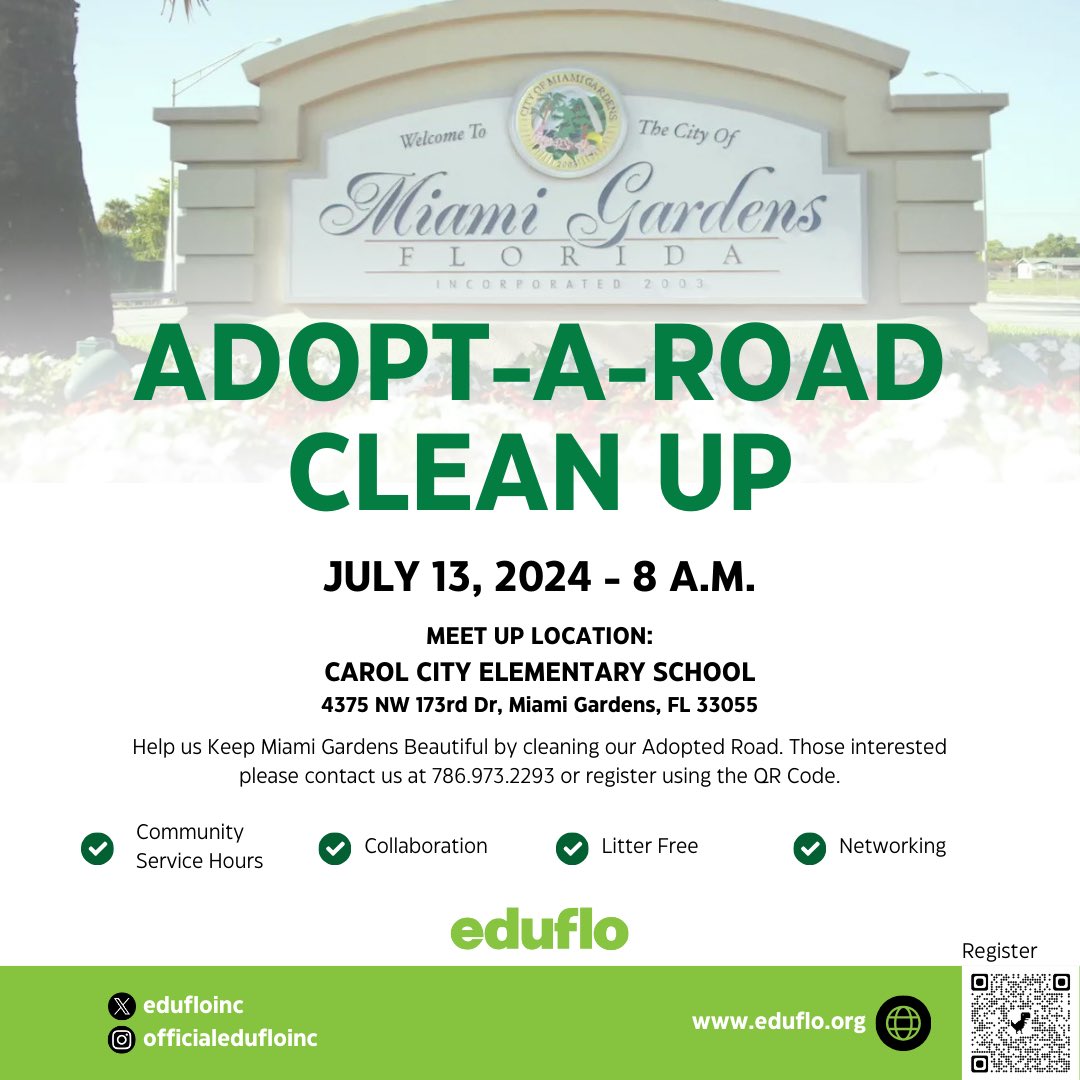 Come join us for our Adopt-A-Road Clean Up on July 13, 2024 at 8am!

Register using the QR Code

For more information contact us

#EduFloInc #RoadCleanUp #MiamiGardens