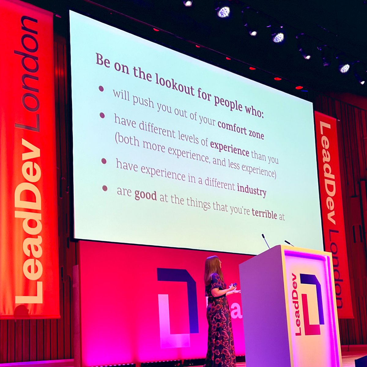 Geek_Manager's tweet photo. @lara_hogan “Build your manager voltron, look for people who will:
• push you out of your comfort zone
• have different levels of experience
• have experience in different industries
• be good at things that you’re terrible at”
@lara_hogan #LeadDevLondon https://t.co/IOaUyJxniH