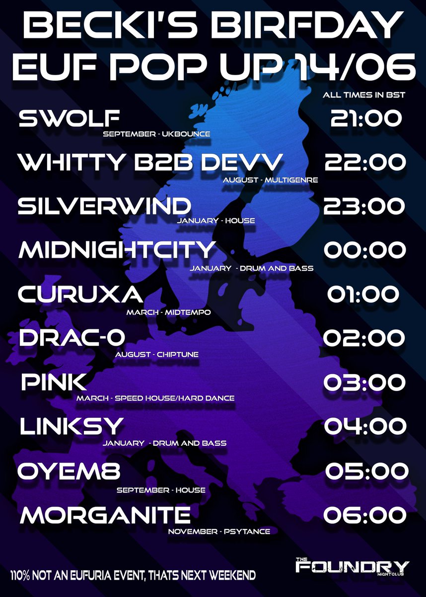 This Friday its one of our Founders Birthdays!!!!! 

Becki is turning 25!!!

And for their birthday we are doing our First replay pop up event!!!! 

Everyone is welcome to join and party with us on Friday 14/06 from 21:00BST to 07:00BST, and yes that's 10 Whole Hours of DJ's!!!!