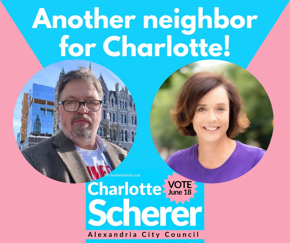 Another neighbor for Charlotte! "Not only has Charlotte been right in the issues from the start, but as the parent of a trans son, I will be proud to vote for the first trans candidate to run for city council, and look forward to working with her." — Boyd Walker
#CharlotteforALX