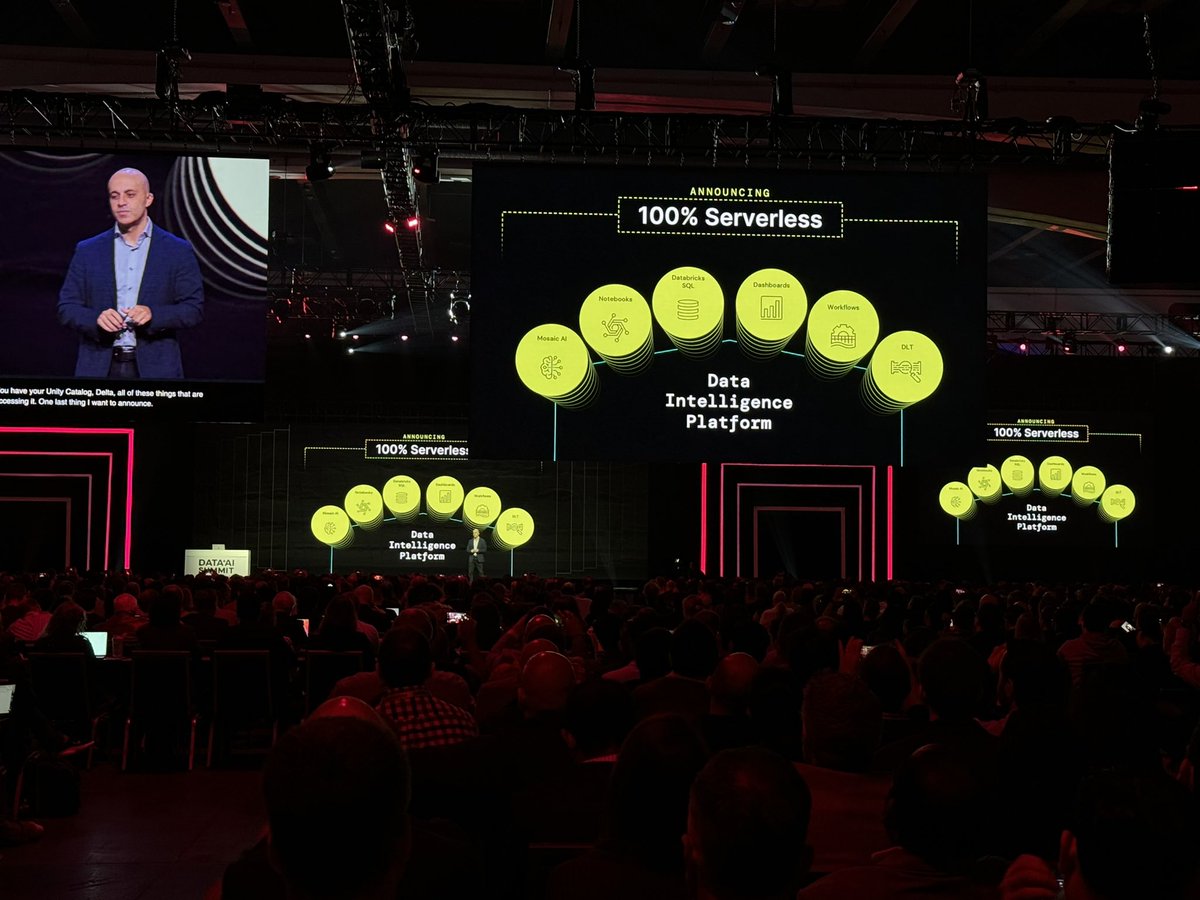 Databricks (@databricks) on Twitter photo “All of Databricks will be available in serverless,” says <a href="/alighodsi/">Ali Ghodsi</a> during his keynote on Databricks innovation at #dataaisummit Coming July 1 “All of Databricks will be available in serverless,” says <a href="/alighodsi/">Ali Ghodsi</a> during his keynote on Databricks innovation at #dataaisummit Coming July 1