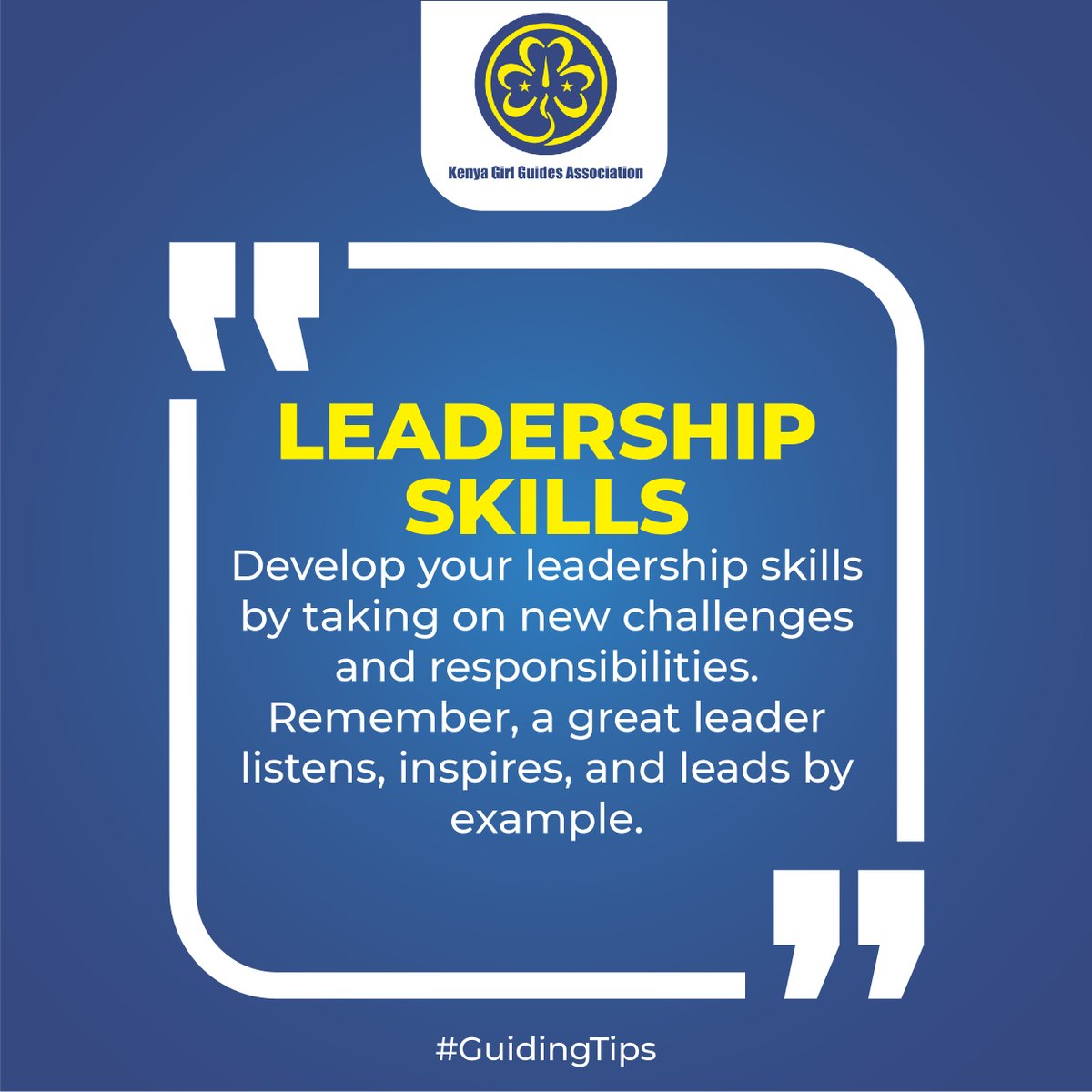 KenyaGirlGuides's tweet photo. Leadership isn’t about being the best. It’s about inspiring others to be their best. Take on new challenges and watch yourself grow!
#KGGA #GirlsCreatingaBetterWorld #GuidingTips https://t.co/Ed4ORmP2fl
