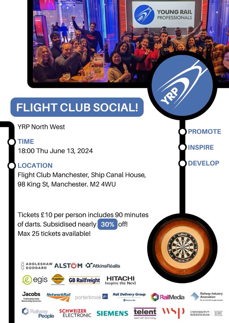 youngrailpro's tweet photo. 📢 YRP NORTH WEST UPDATE 📢

The next social is tomorrow night at Flight Club, Manchester. We've only got a few tickets left so get yours now with ~30% off normal price

We look forward to seeing you there for an evening of fun &amp; networking!

Tickets here: https://t.co/wzQ5kYiuUd https://t.co/v54FrUQKbw