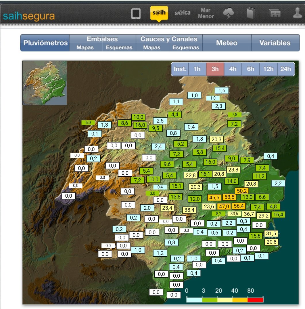 chsriosegura's tweet photo. 🌧️Precipitaciones registradas por visor #SAIH de @chsriosegura en las⌛️últimas tres horas.
➡️Destacan los 56,4 mm #RinconBeniscornia, los 53,5 caídos en ciudad de #Murcia o los 50,2 mm en #LaFica
☔Lluvias más concentradas Vega Media y Alta del #ríoSegura https://t.co/DjtoQThfSc