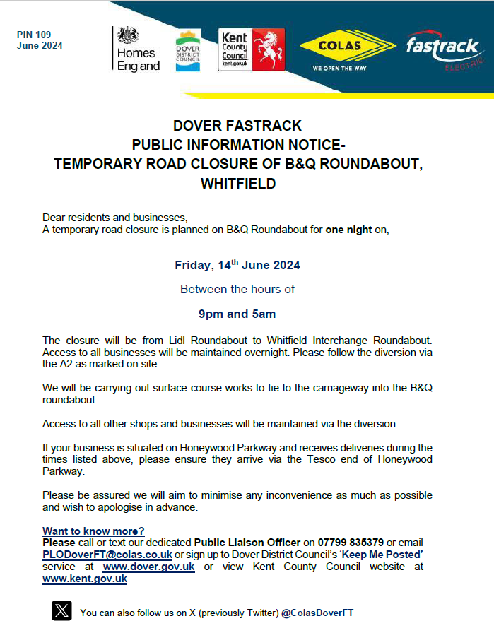 PIN 109 - NIGHT CLOSURE B&amp;Q ROUNDABOUT
<a href="/DoverDC/">Dover District Council</a> <a href="/Kent_cc/">Kent County Council</a> <a href="/KentHighways/">KCC Highways</a>