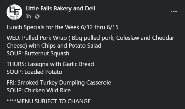 cdcmorrisonmn's tweet image. Enjoy these Lunch Specials at Little Falls Bakery and Deli in #LittleFalls this week!
facebook.com/profile.php?id…
#localbakery #localdeli #LFbakery #LittleFallsMN #MorrisonCounty