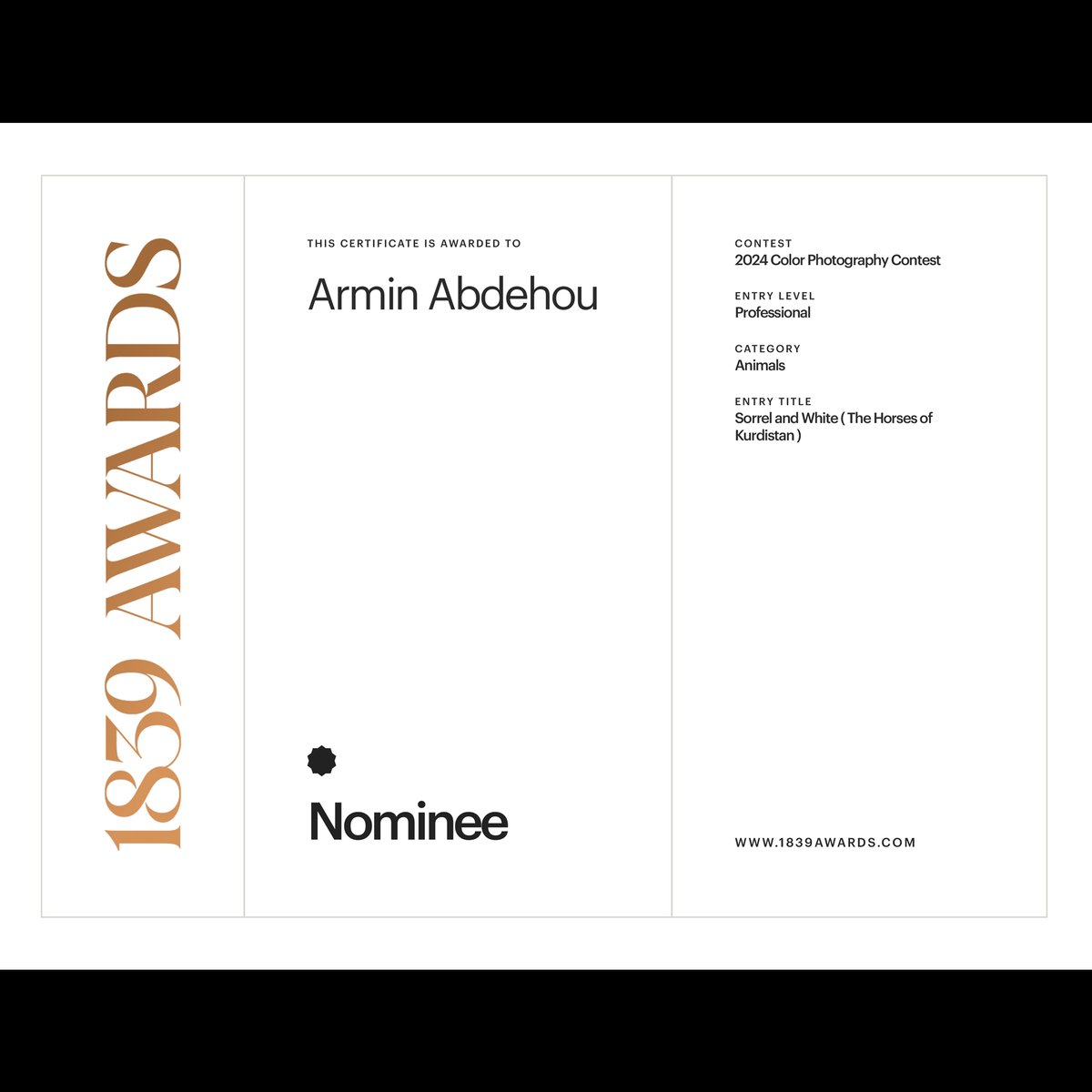 arminabdehou's tweet photo. https://t.co/ebUd4ooHQ8 #1839 I am pleased to announce that I have received two awards in the "2024 Color Photography Contest" hosted by "1839 Awards" in New York. I received the People's Vote Award in the Animal Photography category and the Nominee Badge in the same category. https://t.co/QS4v3Ef0ME