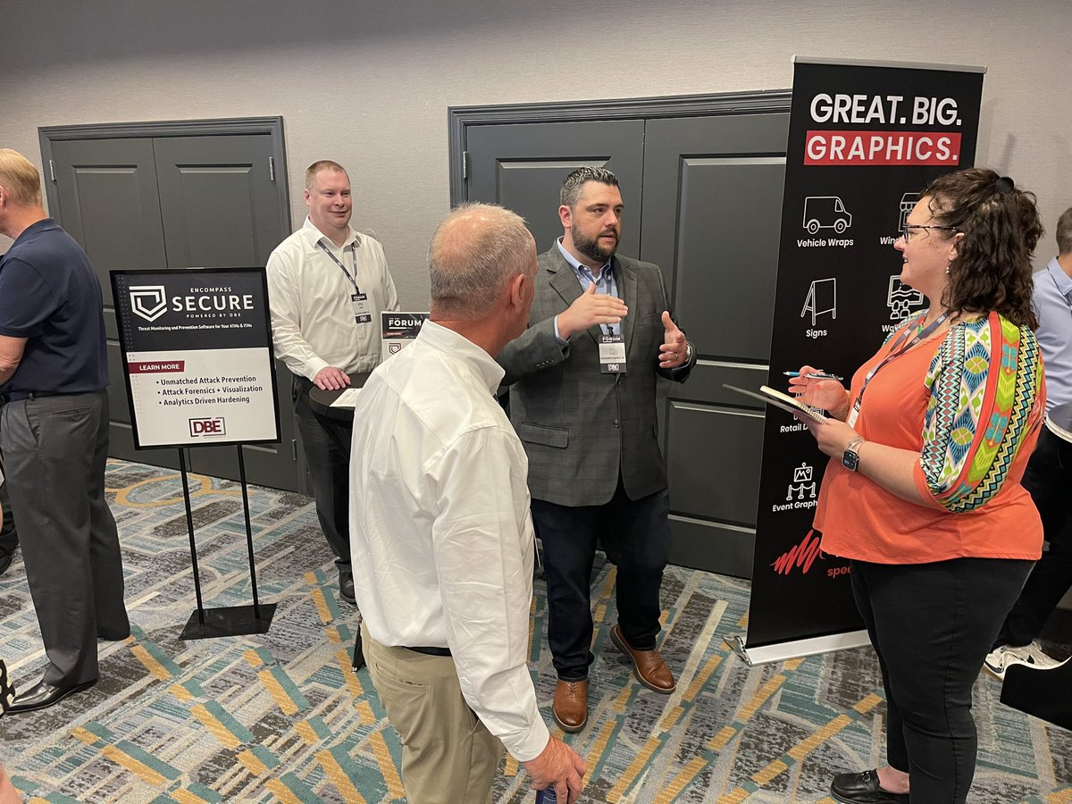 databusinesseq's tweet photo. The DBE team is ready to talk with Forum attendees and demo the solutions present — Elevate, Encompass Secure, ITM with CSP, and the Glory GLR-100. #DBEforum https://t.co/Yy9lAEstHz