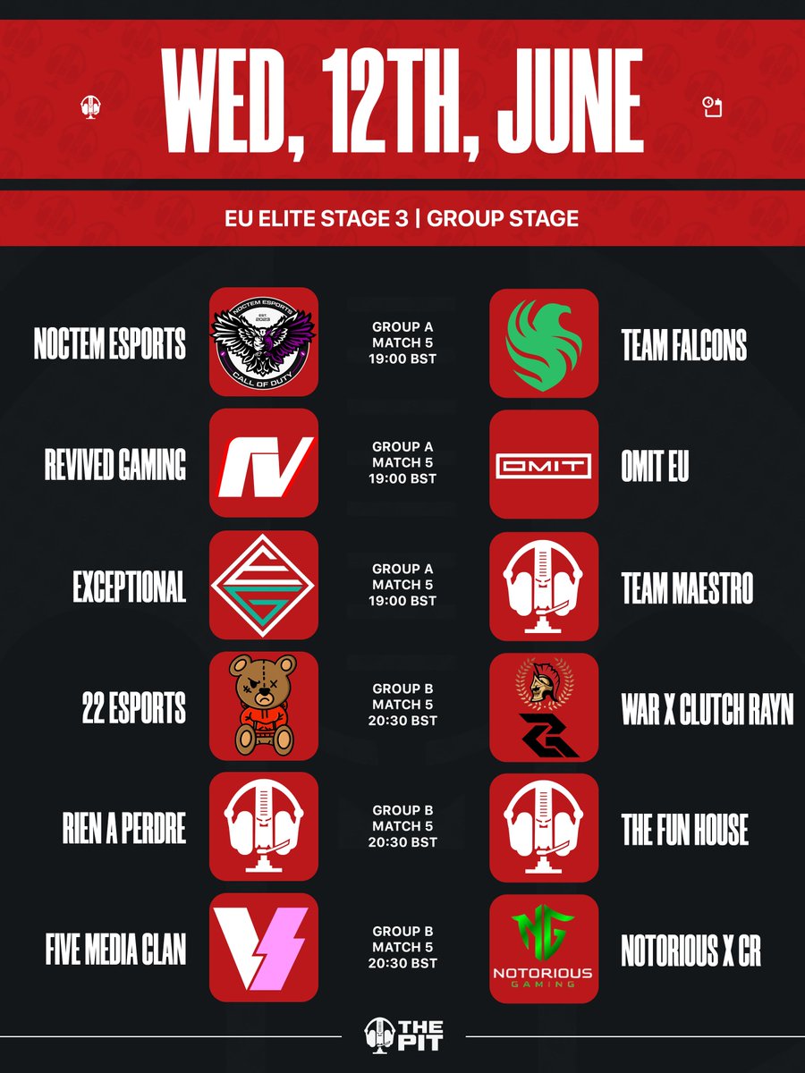 ThePit_EU's tweet image. EU Elite Stage 3 | Updated Schedule

Group B matches will be played after Group A matches tonight.

Games On Broadcast:
Group A 
Main - @ExceptionalGM vs #TeamMaestro
Bravo - @RevivedHQ vs @OMiTGG EU

Group B 
Main - @22EsportsUK vs @OfficialTeamWaR x @ClutchRayn 
Bravo -