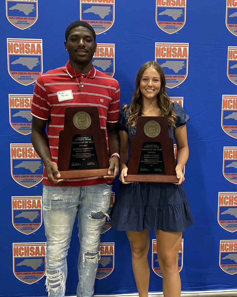 NCHSAA's tweet photo. The 2023-2024 NCHSAA Female and Male Athletes of the Year - Emma Clarke from West Rowan and Kendre Harrison from Reidsville https://t.co/6mW94rhO5N
