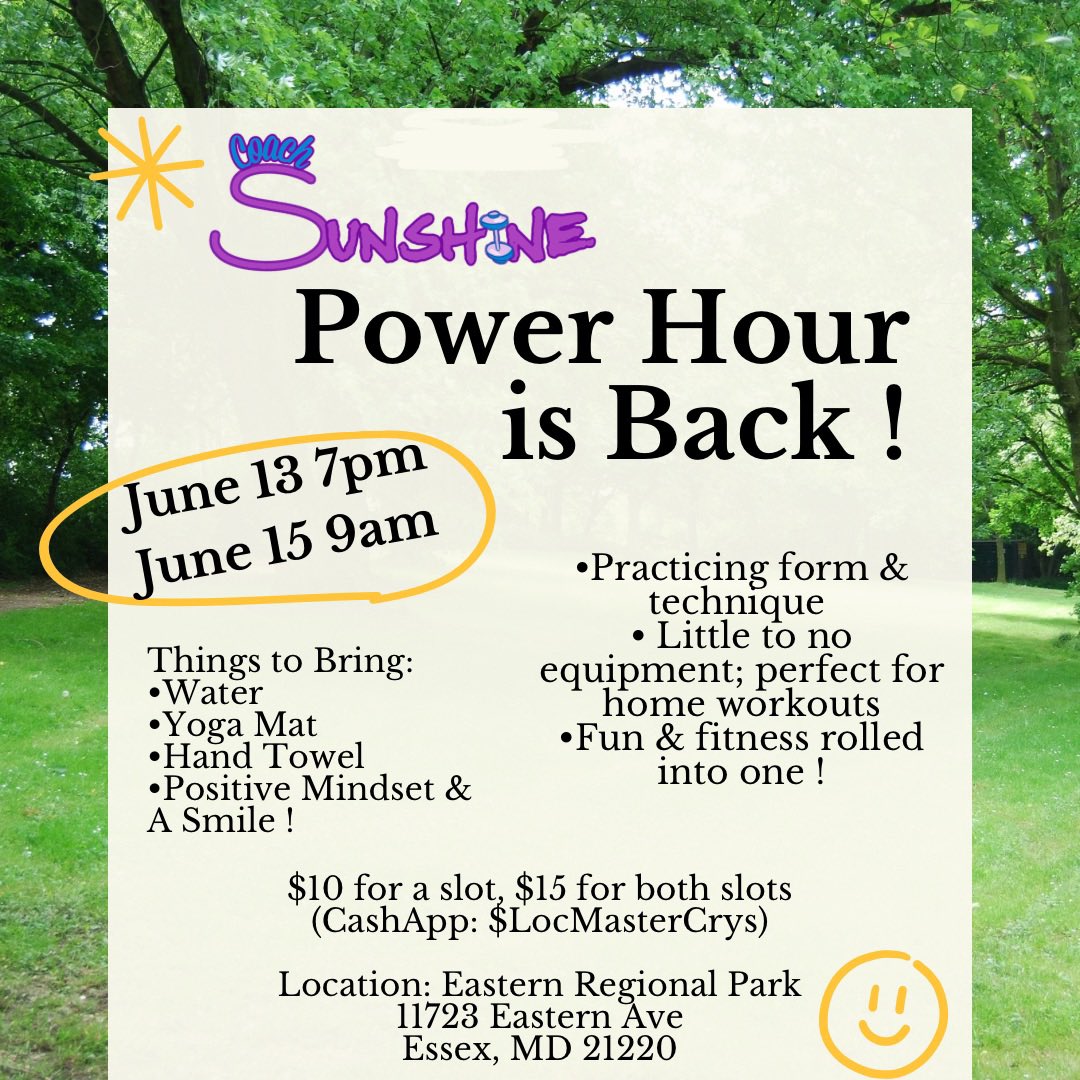 coachsunshine27's tweet image. Good Day Everyone ! Few things:
• I’m still in the running for #FavChef2024 soo please continue to vote &amp;amp; share. Its always appreciated 👩🏾‍🍳🫶🏾 favchef.com/2024/crysten-w…
• Power Hour outside workouts are back ! Starting up this Thursday evening &amp;amp; Saturday morning. Join me !