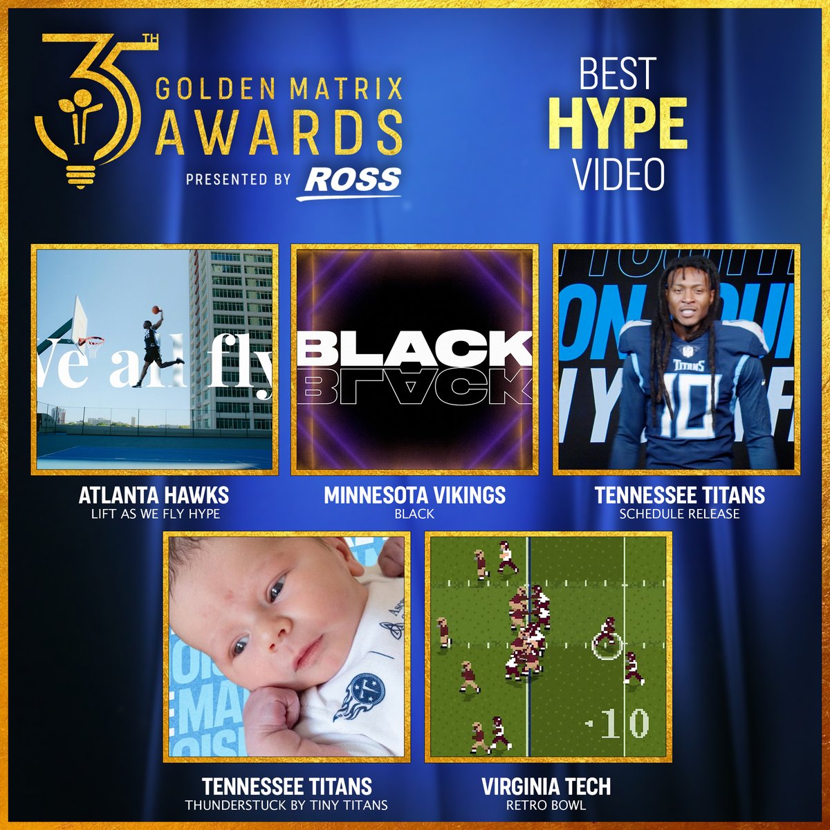 ideaontheweb's tweet photo. Congratulations to the finalists of Best Hype Video: @ATLHawks @Vikings @Titans @hokiesports 
#GMA #IDEASTL #IDEASTLOUIS https://t.co/u6KEXcMQb6