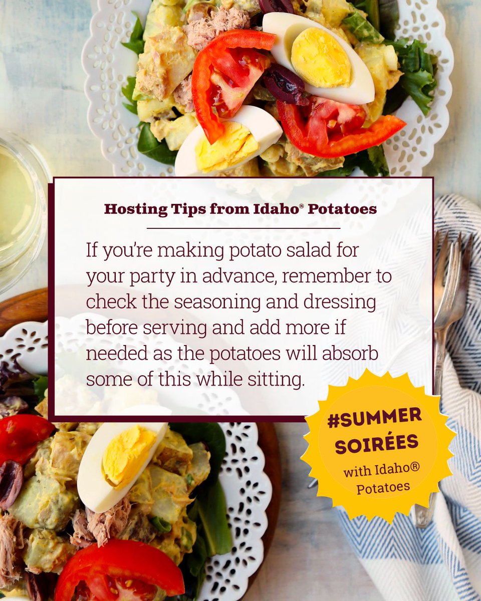 IdahoPotato's tweet image. Planning a summer soirée? Pump up your potato salad game with this handy tip from Idaho® potatoes, perfect for pleasing a crowd! #TaterTip #HostingTips #SummerSoireeswithIdahoPotatoes