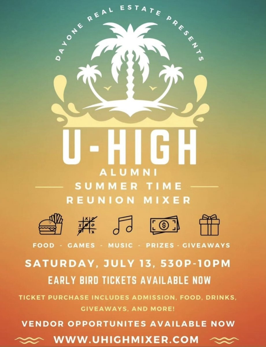 UHS Alumni!  Reunion Mixer 7/13, 5:30-10PM at Sweeten Hall! (9324 San Bernardino Rd, Rancho Cucamonga, CA). Food, drinks, games, gifts, alumni businesses &amp; MORE! Tix: uhighmixer.com  #Upland #UHSAlumni #UHighMixer #UHS #UHighReunion #TeamU (278 characters)