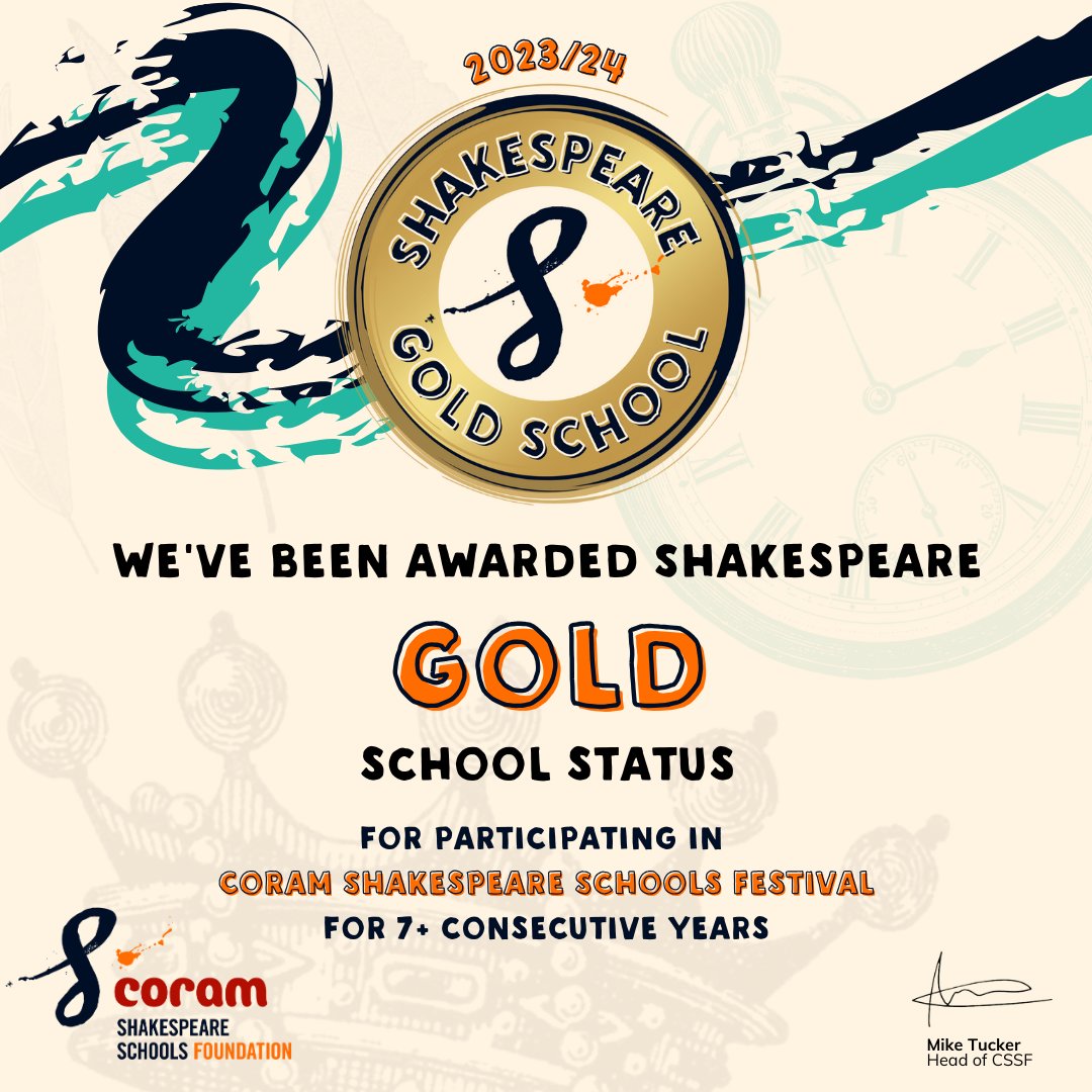 We are delighted to receive this Gold Award to celebrate our school’s achievements as part of #ShakespeareSchoolsFestival !
Our Year 5 children thoroughly enjoy the opportunity to perform #Macbeth on stage at a theatre.