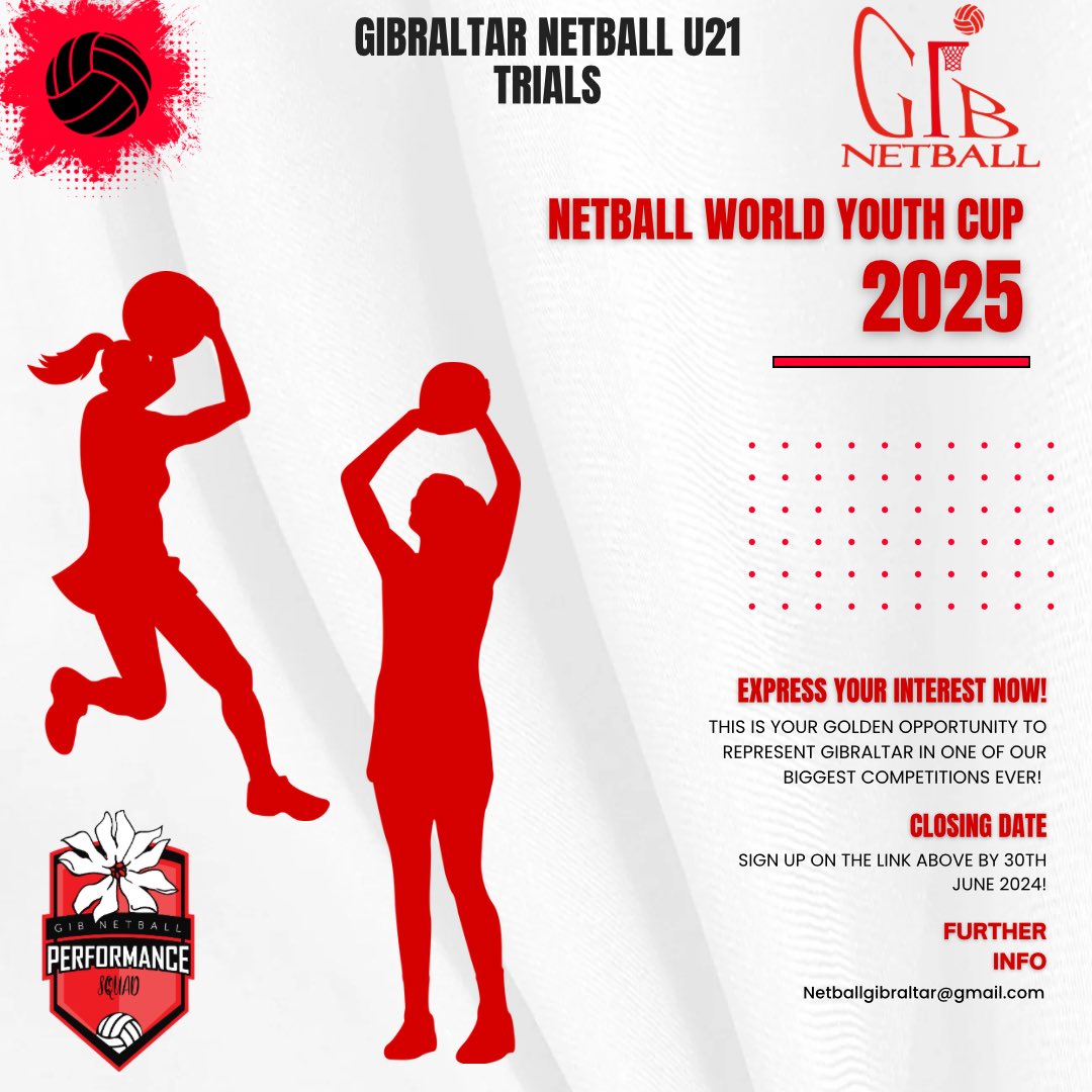 Gib_Netball's tweet image. 📣 Calling all U21s! 📣

Interested in representing Gibraltar in one of our biggest competitions ever? ⭐️

We are thrilled to announce the start of our journey to the Netball World Youth Cup 2025!!
We are now accepting applications for trials from all U21 players! 🏐