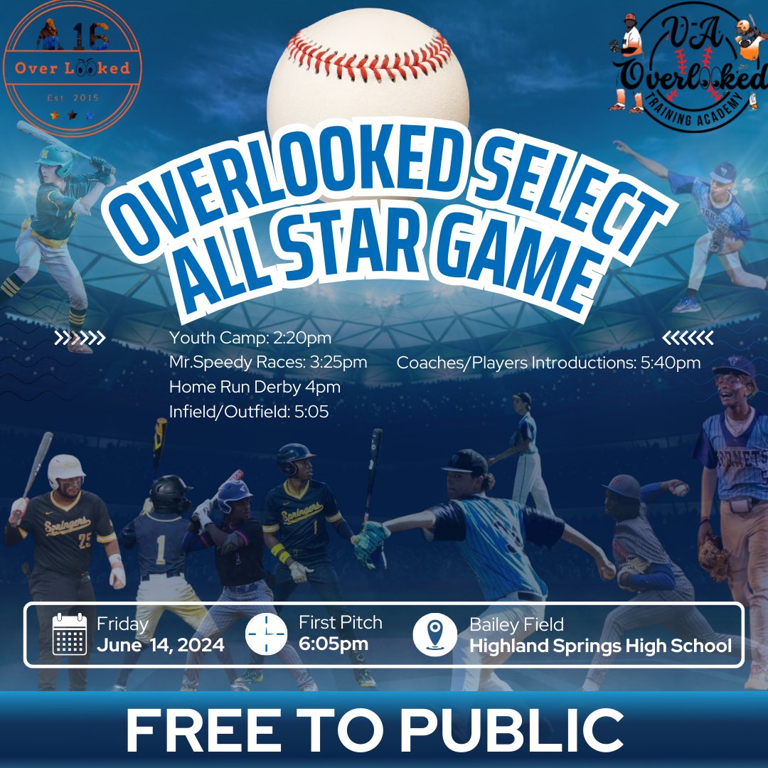 In 48 hours, we will put our mark in history with Overlooked Select All Star Game(s) This Friday June 14th, 2024 it will be going down on Bailey Field @ Highland Springs High School We have the YOUTH CAMP, HOME RUN DERBY, MR. SPEEDY RACES, &amp; ALL STAR GAME. The youth camp is open!