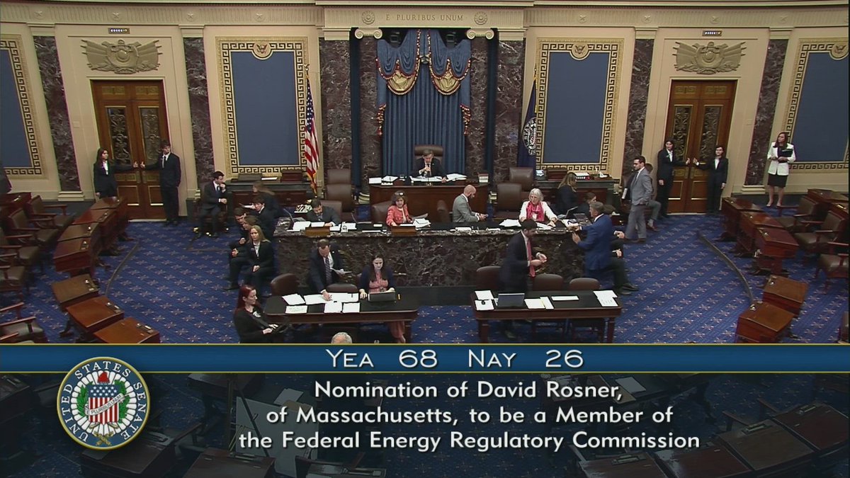 CraigCaplan's tweet photo. 68-26: Senate confirmed Democratic nominee David Rosner to be serve on the Federal Energy Regulatory Commission (FERC) until July 2027. He is a FERC analyst and former detailee to the Senate Energy and Natural Resources Committee. https://t.co/GMN2cX5jvW