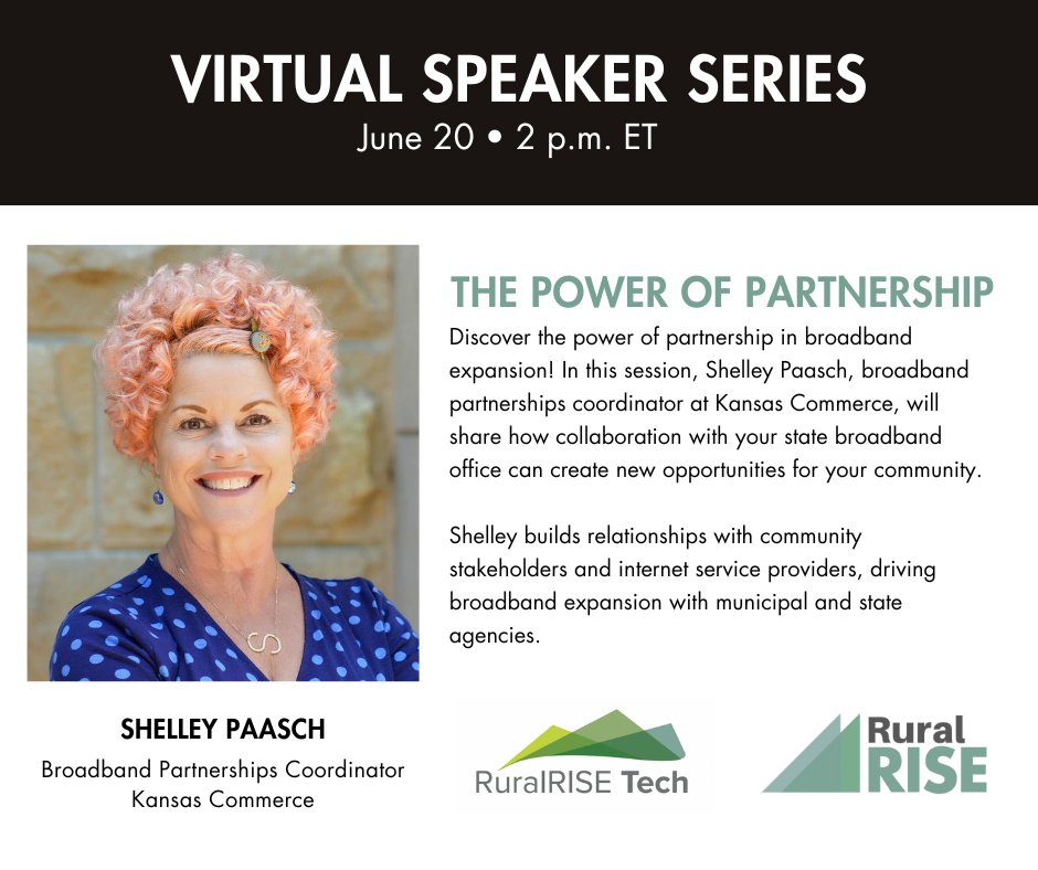 Join us on June 20 at 2 p.m. ET for our June Speaker Series with Shelley Pasch to discover how collaboration with your state broadband office can create new opportunities for your community.

Register here: ruralrise.org/2024-speaker-s…

#rural #ruralrise #broadband #communitybuilding