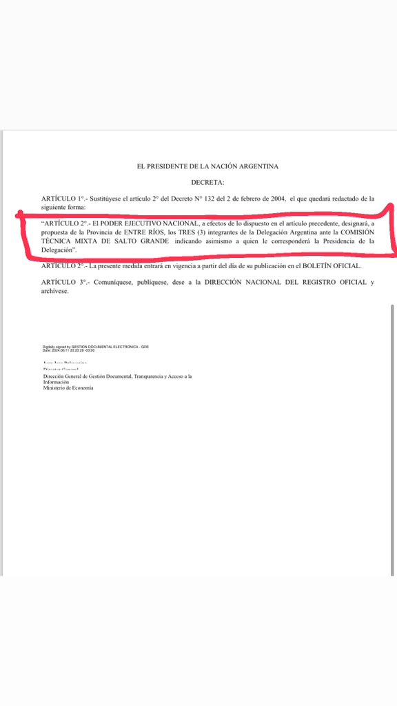 cristiancim's tweet photo. ALERTA TOTAL 🚨‼️Esto le dieron al senador Kuieder de entre Ríos a cambio del quórum y su voto a la ley bases? Que la provincia de entre Ríos sea ahora la que designa a la totalidad (3) de los miembros de la comisión técnica mixta de salto grande?
Este es el decreto FECHADO AYER! https://t.co/yMMFA341s4