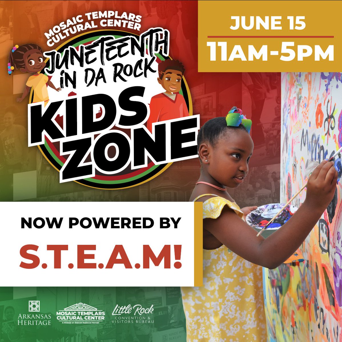 Join us for Juneteenth in Da Rock 2024, hosted by the Mosaic Templars Cultural Center! Explore science, technology, engineering, art, math, and enjoy live performances, delicious food, and more family fun! Sat. June 15th, 11am to 5pm.  See you there!
arkansasheritage.com/juneteenth
