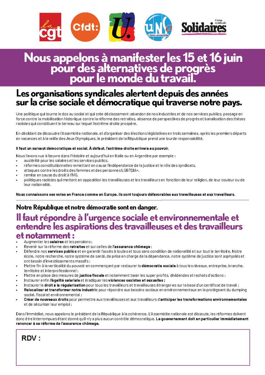 Communiqué intersyndical : 
Nous appelons à manifester les 15 et 16 juin pour des alternatives de progrès pour le monde du travail.