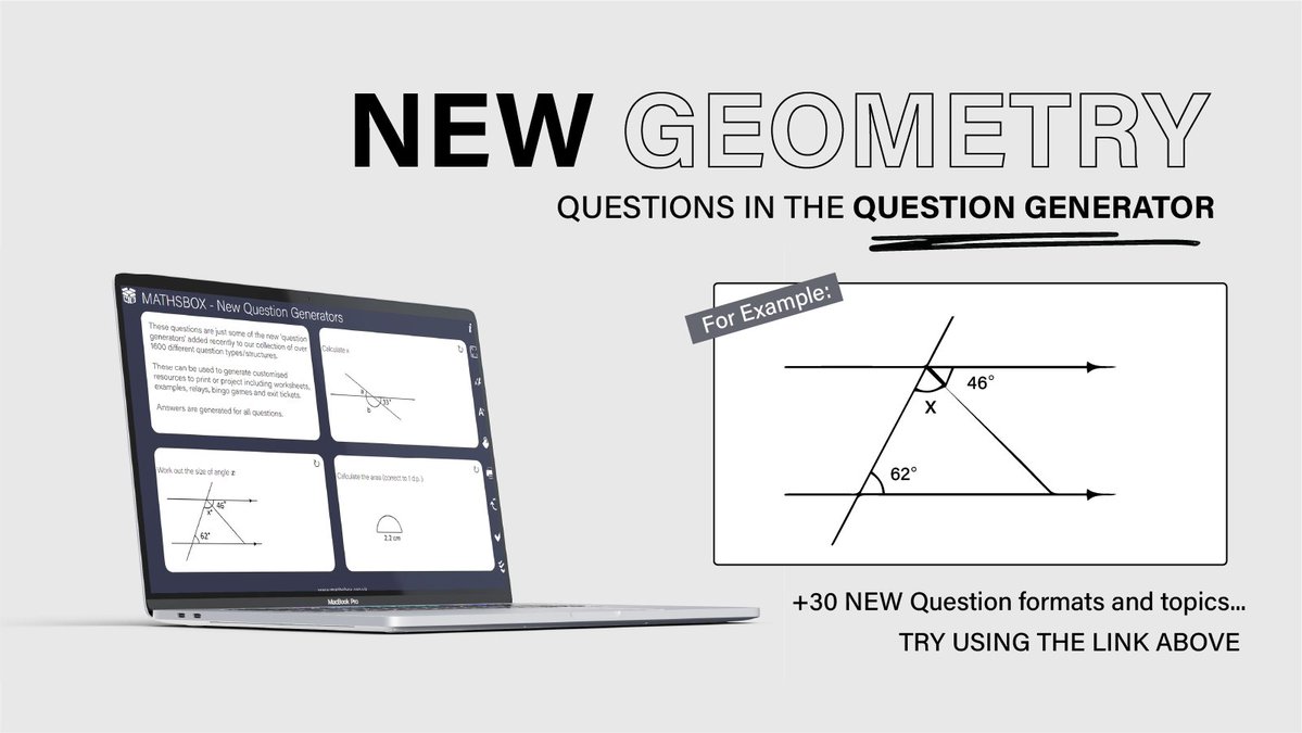 Exciting new additions to Mathsbox!!

See for yourself some of the recently added Question Generators - including a few requested topics.

Click for free samples : mathsbox.org.uk/x/qgsamples.php

Instant questions and answers,  to create resources in a variety of  'ready to use' formats