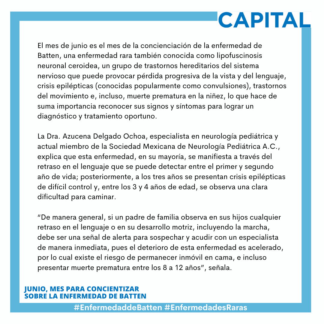 FabryGrupo's tweet photo. 💙 Amigos, recordemos que JUNIO es para concientizar sobre la #EnfermedaddeBatten, es por eso que compartimos la nota de @capitalmexicomx sobre las señales de alerta.
Pasen a leer y no duden en seguirlos para mantenerse informados.
#BattenDay #EnfermedadesRaras #BajaPrevalencia https://t.co/tAspwq5zEY