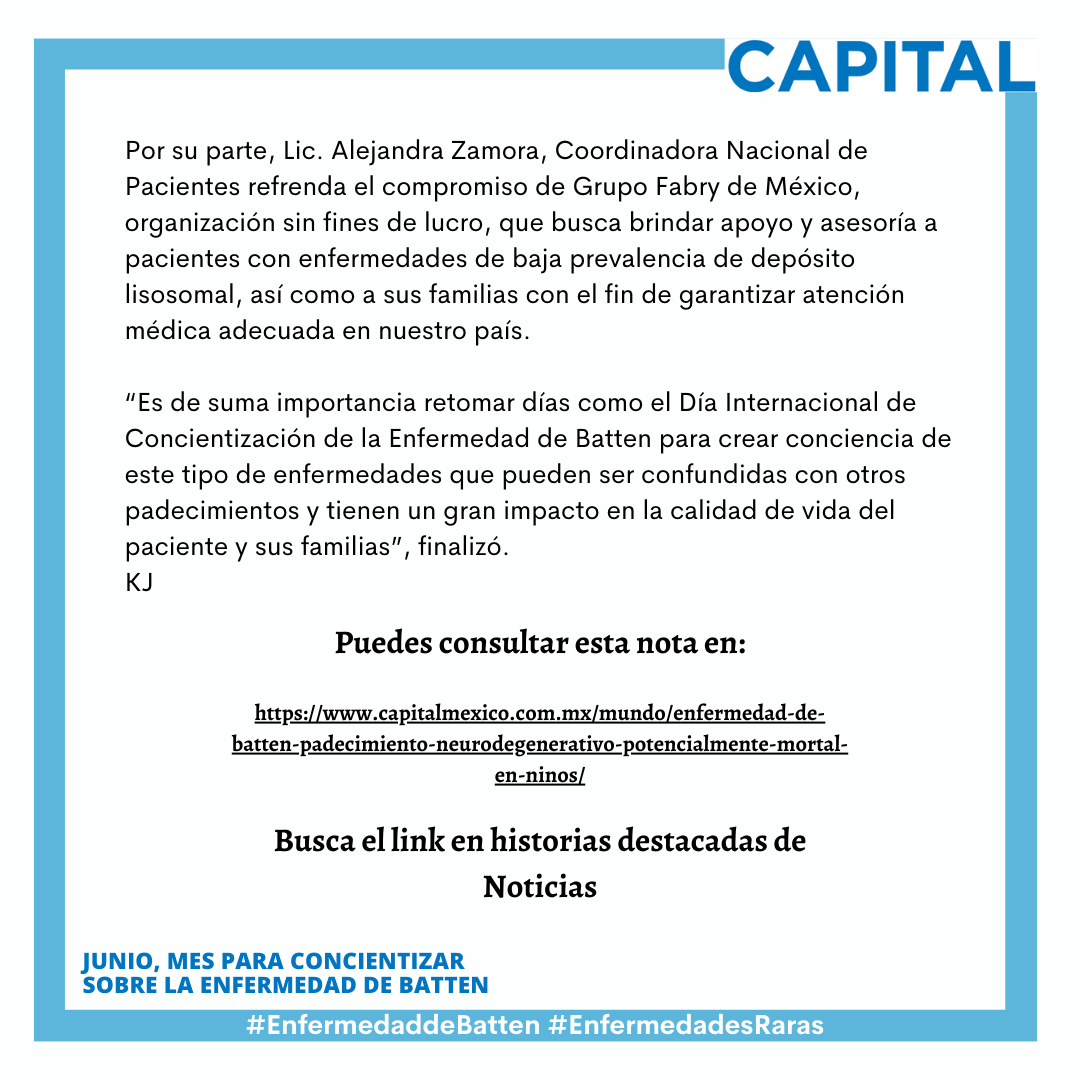 FabryGrupo's tweet photo. 💙 Amigos, recordemos que JUNIO es para concientizar sobre la #EnfermedaddeBatten, es por eso que compartimos la nota de @capitalmexicomx sobre las señales de alerta.
Pasen a leer y no duden en seguirlos para mantenerse informados.
#BattenDay #EnfermedadesRaras #BajaPrevalencia https://t.co/tAspwq5zEY