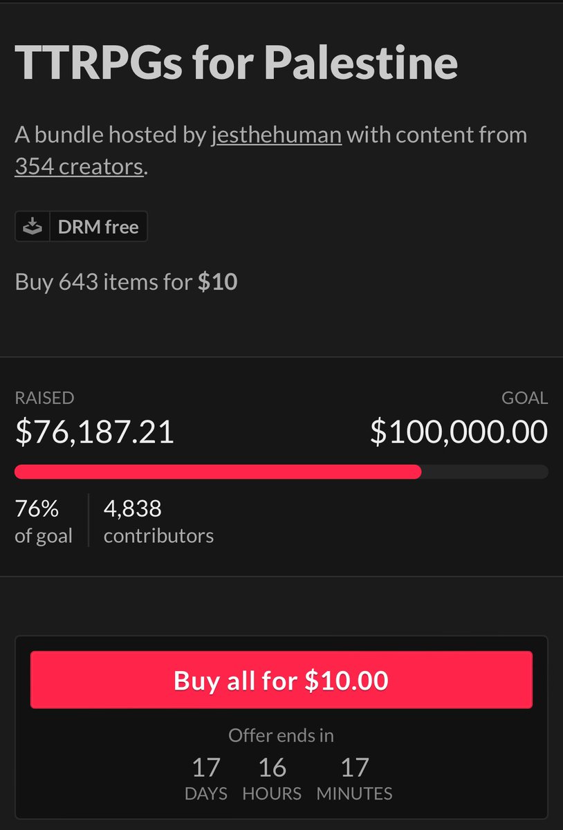 We’re so close to $100,000 raised for <a href="/MedicalAidPal/">Medical Aid for Palestinians</a>! Thank you to everyone who has bought the bundle and spread the word 🖤