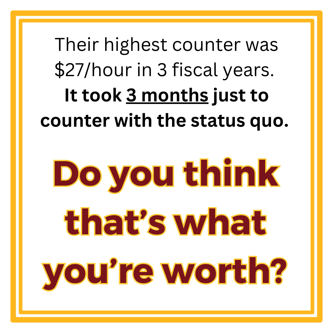 A disgrace of an "offer" from the University of Minnesota. The wage floor that they propose is $23/hour-- keep in mind that most of us are paid for no more than 20hrs/week. For 80% of grad workers, this "offer" represents ZERO improvement. Do you accept this?