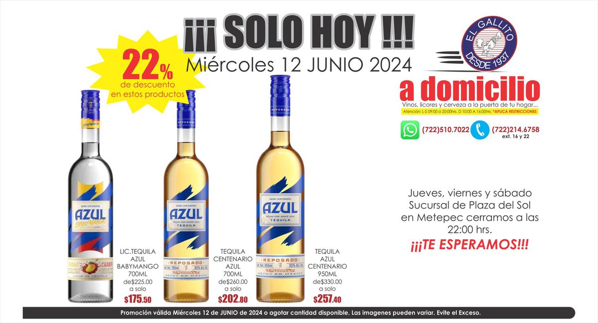 vinoselgallito's tweet photo. SOLO HOY…
#solohoy #miercoles #servicioadomicilio #promociones #amigallitos #tequila #centenarioazul #babymango https://t.co/TmkwPcc17s