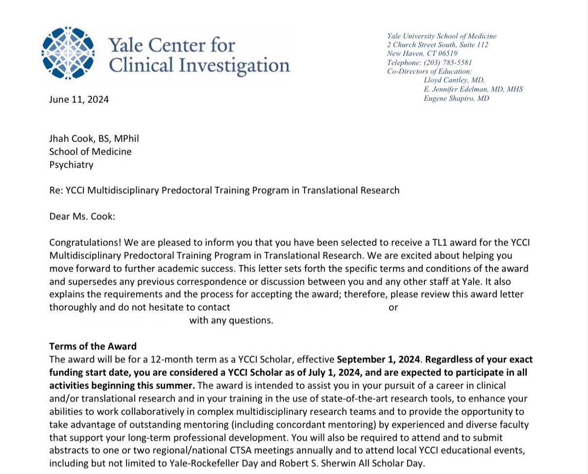 Yesterday, I was awarded the <a href="/Yale/">Yale University</a> Center for Clinical Investigation Predoctoral Fellowship.🎉🎊🥳