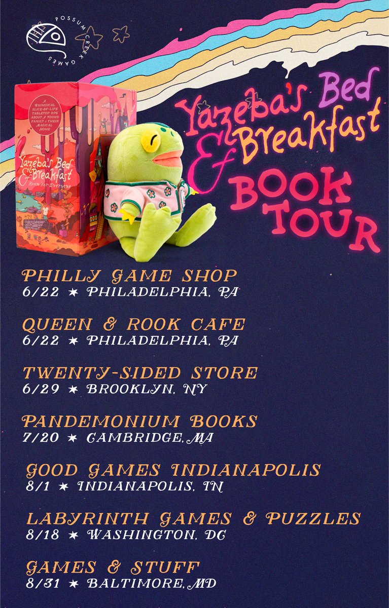 possum creek games is going on TOUR for YAZEBA'S BED &amp; BREAKFAST!!!! if you're on the east coast (or in indianapolis) come meet the creators, play some games, and get your copy signed!