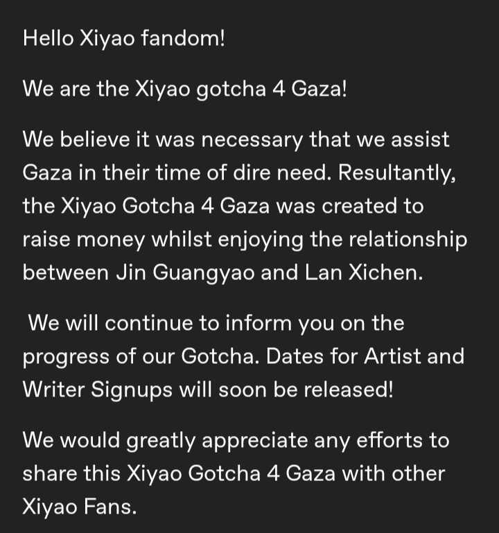 XIYAOaction's tweet photo. Hello #Xiyao fandom!

We are the XIYAO Gotcha-4-Gaza!

We will continue to inform you on the progress of our Gotcha. Dates of Artist and Writer sign-ups will soon be released!

We would greatly appreciate any efforts to share this  Xiyao Gotcha4Gazawith other Xiyao fans! https://t.co/zyLuNNEOVG