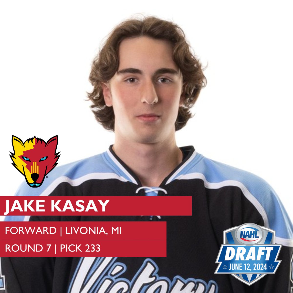 NMIceWolves's tweet photo. Round 7, pick 233! New Mexico select Jake Kasay from Livonia, MI. Welcome to the Ice Wolves!

#hockey #NAHL

@RealVHHockey https://t.co/7kYdvoXkY9