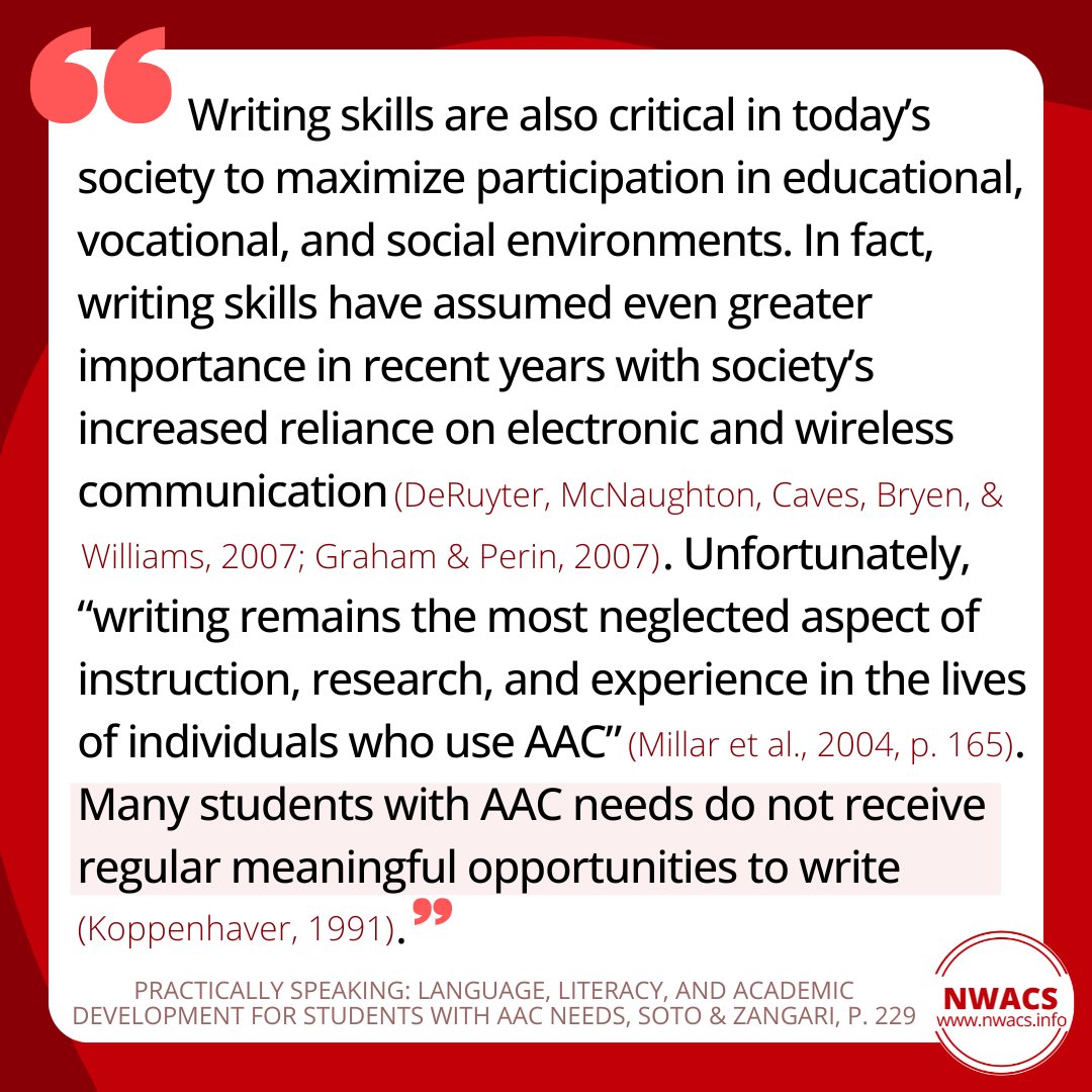 NWACS_org's tweet photo. We must give AAC users exposure to/instruction in writing. Shared writing is one way we can show learners the writing process. And engage them in writing experiences in a supportive way.
#AAC #Literacy #NWACS #AugComm #LiteracyForAll #AACandLiteracy #SharedWriting https://t.co/5UEnlc3pgy