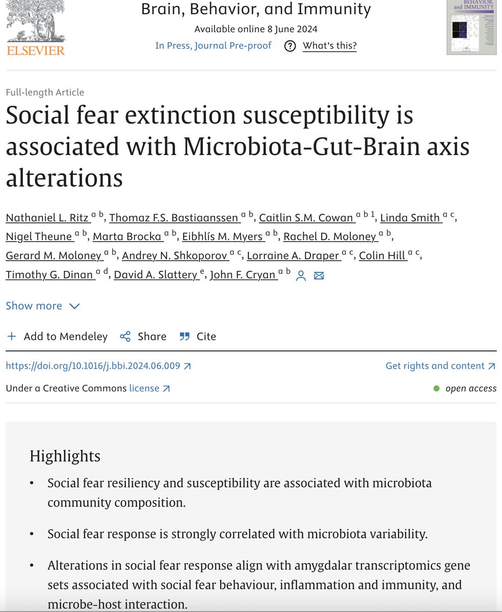 John F. Cryan (@jfcryan) on Twitter photo Social Fear Extinction Susceptibility is Associated with Microbiota-Gut-Brain Axis Alterations
Latest lab paper from <a href="/NateRitz3/">Nate Ritz</a> & nice collaboration with <a href="/daslattery/">David Slattery</a> lab
<a href="/Thomazsan/">Thomaz Bastiaanssen, PhD</a> <a href="/TedDinan/">Timothy Dinan</a> <a href="/caitlincowanPhD/">Dr Caitlin Cowan</a> <a href="/colinhillucc/">@colinhillucc</a> <a href="/RachelDMoloney/">Rachel D. Moloney, Ph.D. 🧠💛💙</a> <a href="/gerrymoloney/">Gerry Moloney</a>
sciencedirect.com/science/articl… Social Fear Extinction Susceptibility is Associated with Microbiota-Gut-Brain Axis Alterations
Latest lab paper from <a href="/NateRitz3/">Nate Ritz</a> & nice collaboration with <a href="/daslattery/">David Slattery</a> lab
<a href="/Thomazsan/">Thomaz Bastiaanssen, PhD</a> <a href="/TedDinan/">Timothy Dinan</a> <a href="/caitlincowanPhD/">Dr Caitlin Cowan</a> <a href="/colinhillucc/">@colinhillucc</a> <a href="/RachelDMoloney/">Rachel D. Moloney, Ph.D. 🧠💛💙</a> <a href="/gerrymoloney/">Gerry Moloney</a>
sciencedirect.com/science/articl…
