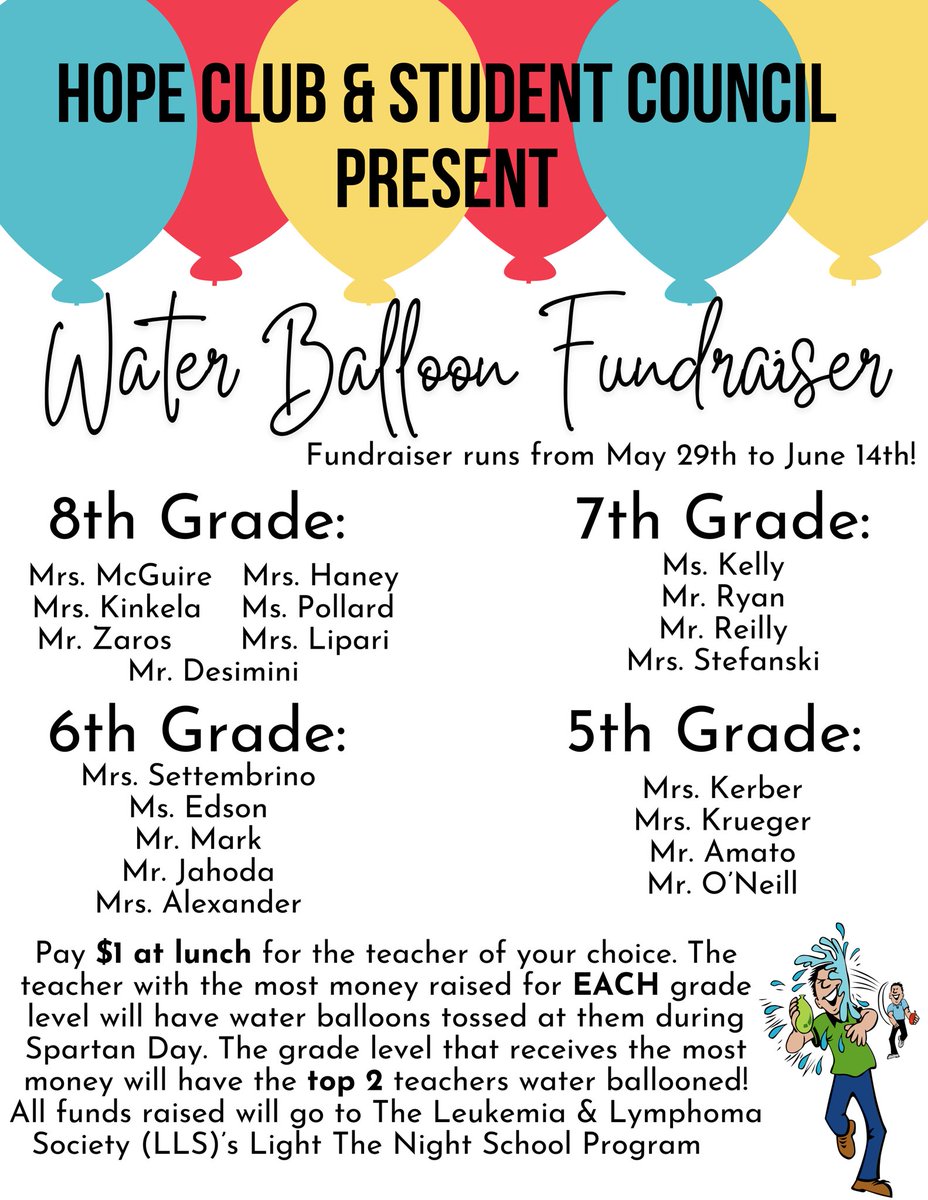 Only 2 more days for the water balloon fundraiser! Donate $1 at lunch to go towards the teacher you want to see water ballooned at Spartan Day. Do not miss out on the fun!! Funds raised go to the Leukemia and Lymphoma Society. See the flyer for the list of teachers &amp; more info.