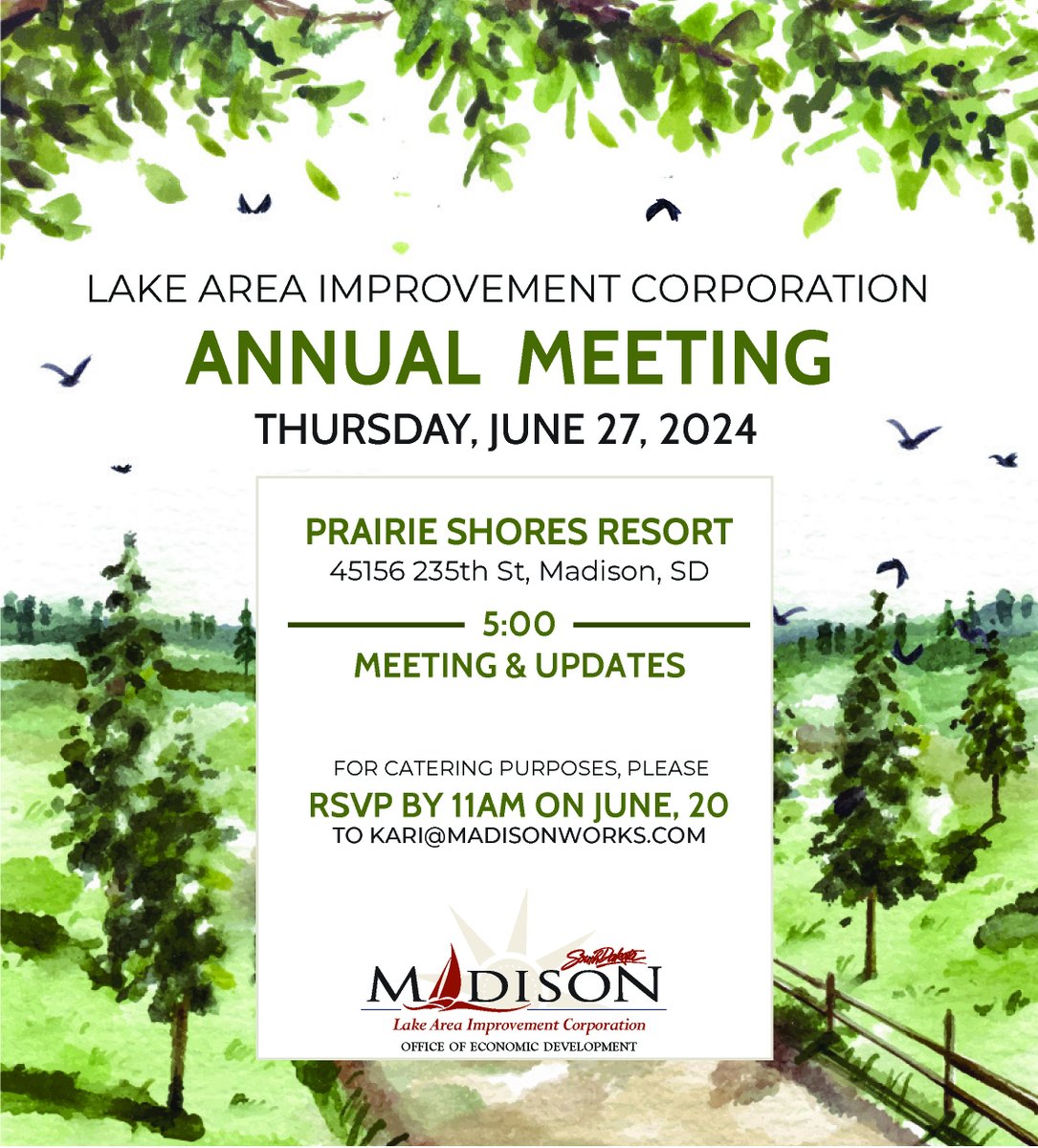 Join us for the LAIC Annual Meeting!

📅 June 27th
🕔 5:00 PM - Meeting &amp; Updates
📍 Prairie Shores Resort, 45156 235th Street Madison
madisonworks.com/news/2024-laic…