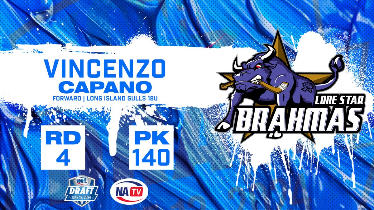 Round 4 | Pick 140
<a href="/LoneStarBrahmas/">Lone Star Brahmas 🏆</a>
select Forward Vincenzo Capano from the Long Island Gulls 18U

#NAHLDraft