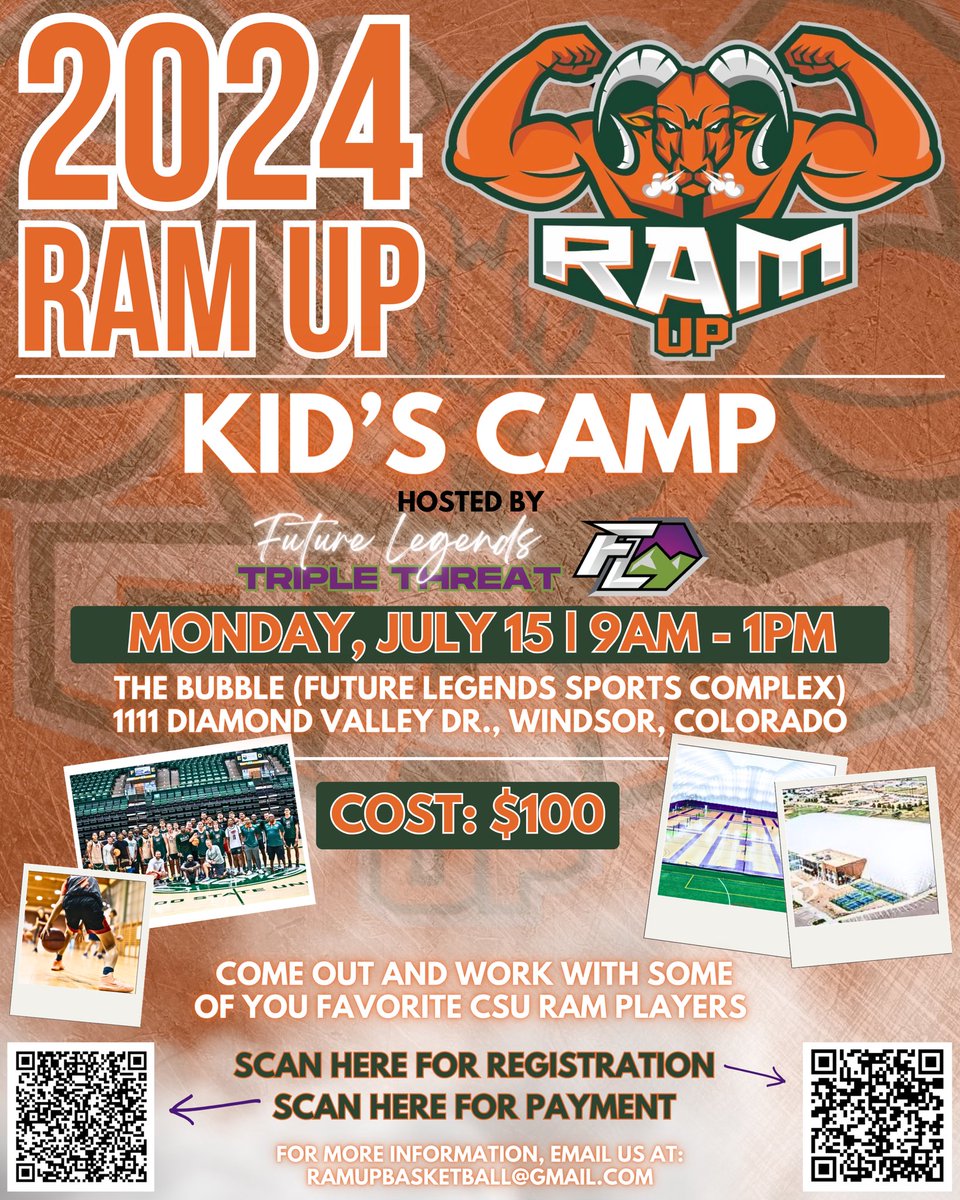 🚨 **Double Announcement Day!** 🚨

Excited to announce RamUp 2024 Kids Camp hosted by future legends Triple Threat! 🎉 Sign up now and have fun with former Colorado State Ram players. Don’t miss out – spread the word!

#RamUp #KidsCamp2024 #TripleThreat #CommunityFun