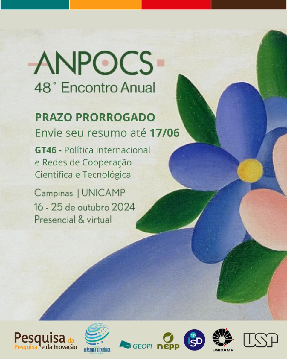 Prazo prorrogado até 17/06! 🚨

Você ainda pode submeter seu resumo para os Grupos de Trabalho do 48º Encontro Anual da Associação Nacional de Pós-Graduação e Pesquisa em Ciências Sociais!

Acesse o site do Encontro e saiba mais:
lnkd.in/d3nBmeqT