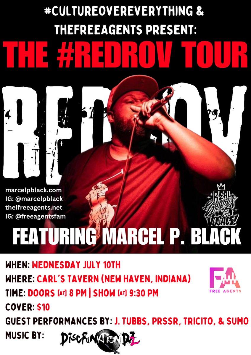 MarcelPBlack's tweet photo. 4 weeks till the #REDROVTour hits Carl's Tavern in New Haven, Indiana on Wednesday July 10th.
Blessed to rock out wit @iamjtubbs_ @OfficialPRSSR @TRICITO & @sumo_def. https://t.co/EwI1q6K9mH