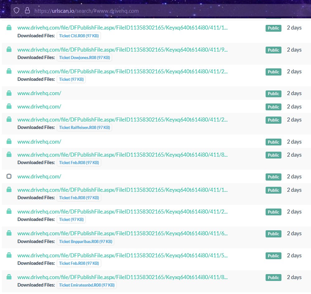 1ZRR4H's tweet photo. ⚠️ Threat actors are using the services of drivehq[.]com to distribute malware (#STRRAT and #QRAT were seen).

In the latest campaign they were using names of banks and financial institutions from various parts of the world. Some links can be seen at URLhaus: https://t.co/y7UZC2fcRD.

Sample: "Redbanc-Bankdeposit.txt.jar" (🇨🇱): 993b27eb1194b953d2e9f83a19446241d75cadf11f11a126be273e4aba40e159 

Next stages from:
mbycket45344.s3.eu-north-1.amazonaws[.]com
+ https://mbycket45344.s3.eu-north-1.amazonaws[.]com/bn.jar (https://t.co/y1aW5KdPlF)

Other file names:
Abkegypt-Bankdeposit.txt.jar
Accent-Bankdeposit.txt.jar
Acemoneytransfer-Bankdeposit.txt.jar
Alfransi-Bankdeposit.txt.jar
Alsalambahrain-Bankdeposit.txt.jar
Bancobpm-Bankdeposit.txt.jar
Bancolombia-Bankdeposit.txt.jar
Bancosantander-Bankdeposit.txt.jar 
Bangkokbank-Bankdeposit.txt.jar
Bankdeposit.txt.jar
Bankofabyssinia-Bankdeposit.txt.jar
Bankofindia-Bankdeposit.txt.jar
Bcdc-Bankdeposit.txt.jar
Bgpb-Bankdeposit.txt.jar
Bmibank-Bankdeposit.txt.jar
Bnpparibas-Bankdeposit.txt.jar
Capgroup-Bankdeposit.txt.jar
Ceat-Bankdeposit.txt.jar
Cedge-Bankdeposit.txt.jar
Cibl-Bankdeposit.txt.jar
Cpm-Bankdeposit.txt.jar
Credit-agricole-Bankdeposit.txt.jar
Creditbank-Bankdeposit.txt.jar
Db-Bankdeposit.txt.jar
Dinarak-Bankdeposit.txt.jar
Donaris-Bankdeposit.txt.jar
Eastnets-Bankdeposit.txt.jar
Eblf-Bankdeposit.txt.jar
Eco-fin-Bankdeposit.txt.jar
Finca-Bankdeposit.txt.jar
Firstdata-Bankdeposit.txt.jar
Fiserv-Bankdeposit.txt.jar
Ftnfinancial-Bankdeposit.txt.jar
Halykbank-Bankdeposit.txt.jar
Hbl-Bankdeposit.txt.jar
Hk-Bankdeposit.txt.jar
Instantcashworldwide-Bankdeposit.txt.jar
Intesasanpaolobank-Bankdeposit.txt.jar
I-transfer-Bankdeposit.txt.jar
Jico-Bankdeposit.txt.jar
Jtrustroyal-Bankdeposit.txt.jar
Kanoo-Bankdeposit.txt.jar
Kaspibank-Bankdeposit.txt.jar
Kh-Bankdeposit.txt.jar
Korona-Bankdeposit.txt.jar
Kotak-Bankdeposit.txt.jar
Kursk-Bankdeposit.txt.jar
Labanquepostale-Bankdeposit.txt.jar
Lariexchange-Bankdeposit.txt.jar
Linkser-Bankdeposit.txt.jar
Madfooat-Bankdeposit.txt.jar
Manliftgroup-Bankdeposit.txt.jar
Mastercard-Bankdeposit.txt.jar
Meridiancu-Bankdeposit.txt.jar
Moneta-Bankdeposit.txt.jar
Nedbank-Bankdeposit.txt.jar
Oracle-Bankdeposit.txt.jar
Orange-Bankdeposit.txt.jar
Paritetbank-Bankdeposit.txt.jar
Pershing-Bankdeposit.txt.jar
Pumaenergy-Bankdeposit.txt.jar
Qsystems-Bankdeposit.txt.jar
Rawbank-Bankdeposit.txt.jar
Redbanc-Bankdeposit.txt.jar
Republicghana-Bankdeposit.txt.jar
Saraswatbank-Bankdeposit.txt.jar
Securitybank-Bankdeposit.txt.jar
Stc-Bankdeposit.txt.jar
Theglobalfund-Bankdeposit.txt.jar
Tinkoff-Bankdeposit.txt.jar
Universalbank-Bankdeposit.txt.jar
Upu-Bankdeposit.txt.jar
Utkarsh-Bankdeposit.txt.jar
Vistabank-Bankdeposit.txt.jar
Vodaclean-Bankdeposit.txt.jar
Warwyckprivatebank-Bankdeposit.txt.jar
Websterbank-Bankdeposit.txt.jar