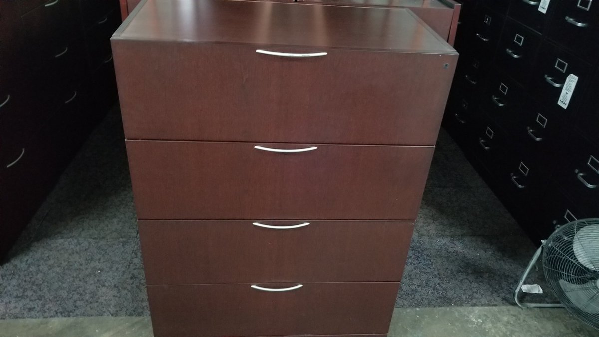 DFSIHOUSTON's tweet image. Knoll 4 drawer lateral file cabinet, commercial grade, wood in mahogany finish, file hanging frames, lock with key, 30 “ wide #fyp #knoll #filecabinets #filingcabinets