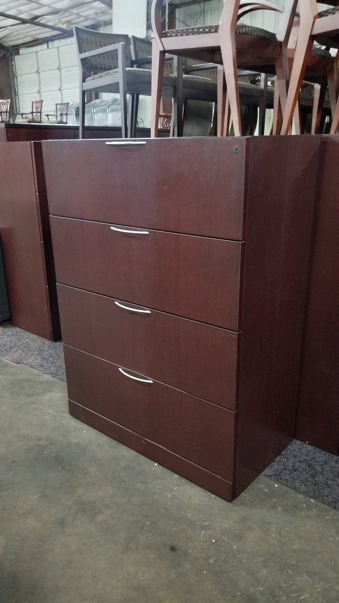 DFSIHOUSTON's tweet image. Knoll 4 drawer lateral file cabinet, commercial grade, wood in mahogany finish, file hanging frames, lock with key, 30 “ wide #fyp #knoll #filecabinets #filingcabinets