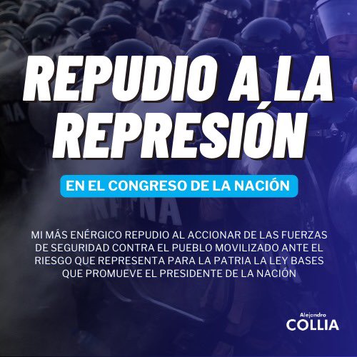 ACollia's tweet photo. Repudio enérgicamente la represión registrada en el Congreso de la Nación y llamo al Gobierno a reflexionar sobre la avanzada en contra del pueblo y de la Patria misma. #LaPatriaNoSeVende https://t.co/lPifYN0iu0