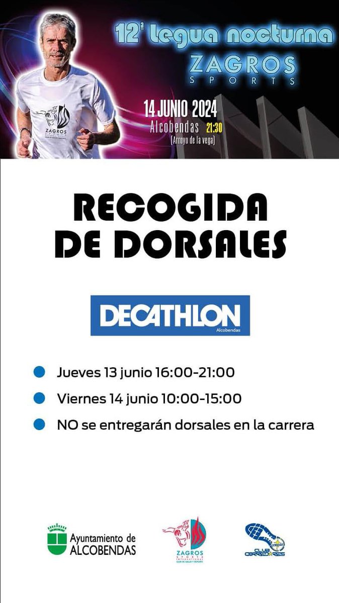 RECOGIDA DE DORSALES 📅
Será en #Decathlon #Alcobendas

▪️ Jueves 13 de 16:00h a 21:00h
▪️ Viernes 14 de 10:00h a 15:00h

¡¡¡Gracias a tod@s!!!